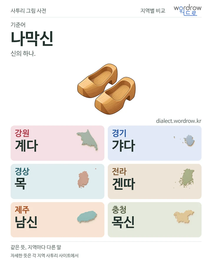 나막신의 여섯 지역 사투리 비교
