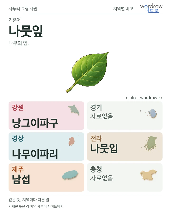나뭇잎의 여섯 지역 사투리 비교