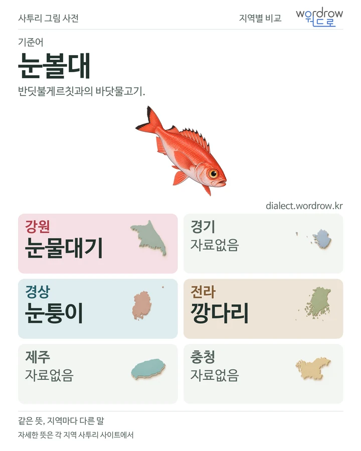 눈볼대의 여섯 지역 사투리 비교