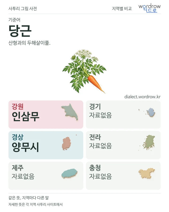 당근의 여섯 지역 사투리 비교