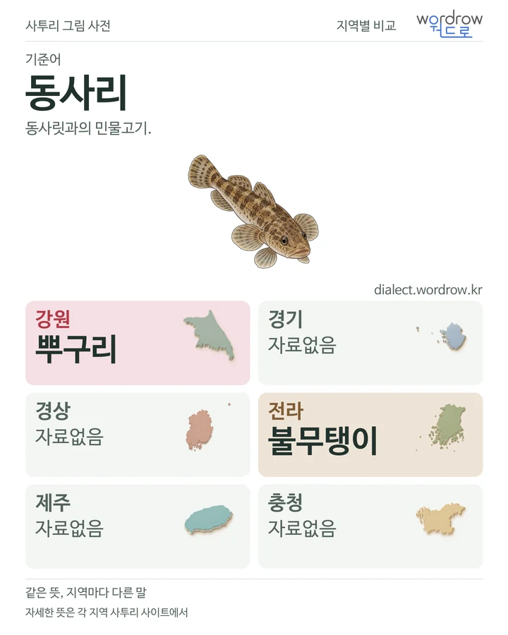 동사리의 여섯 지역 사투리 비교