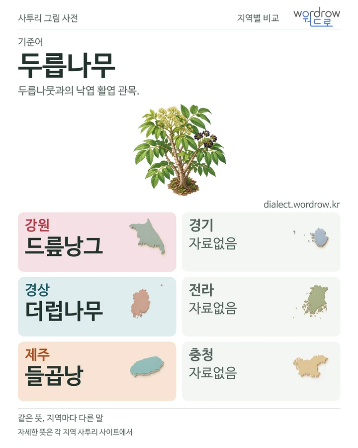 두릅나무의 여섯 지역 사투리 비교