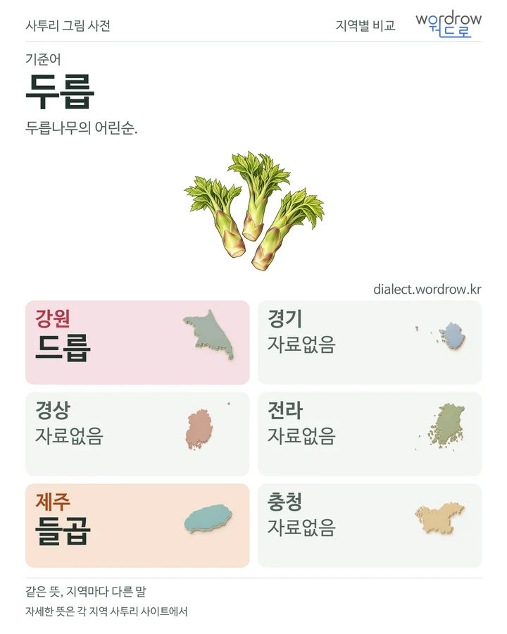 두릅의 여섯 지역 사투리 비교