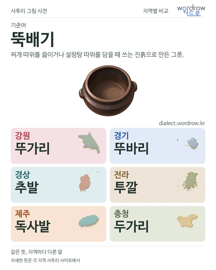뚝배기의 여섯 지역 사투리 비교