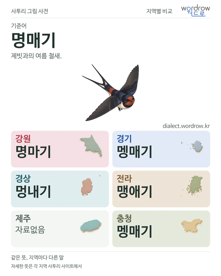 명매기의 여섯 지역 사투리 비교