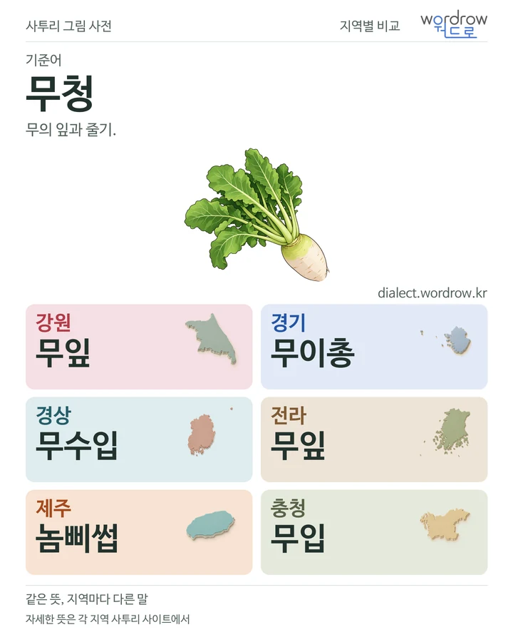 무청의 여섯 지역 사투리 비교