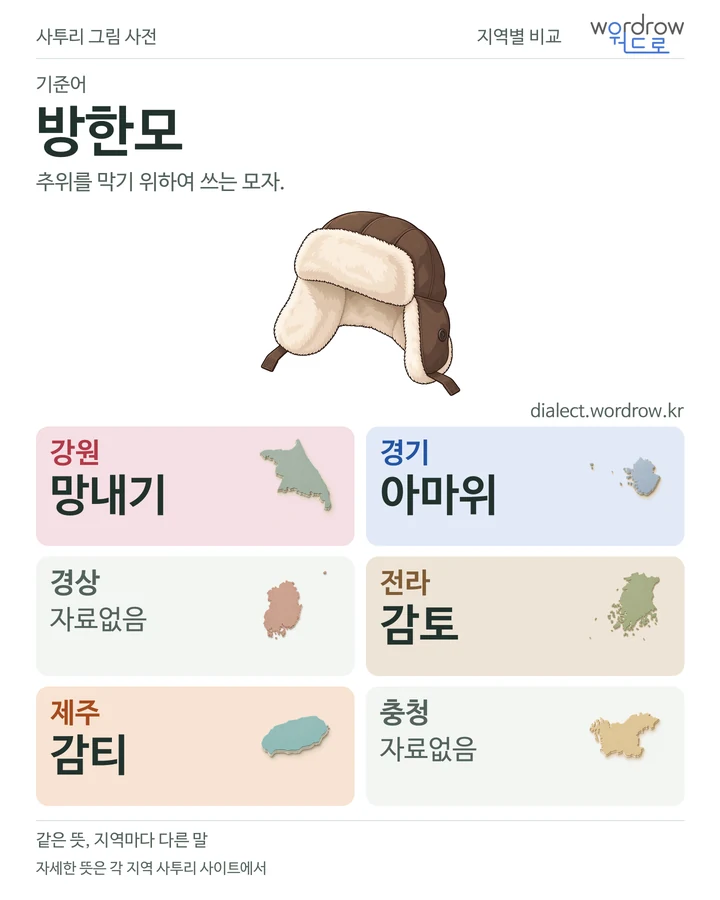 방한모의 여섯 지역 사투리 비교