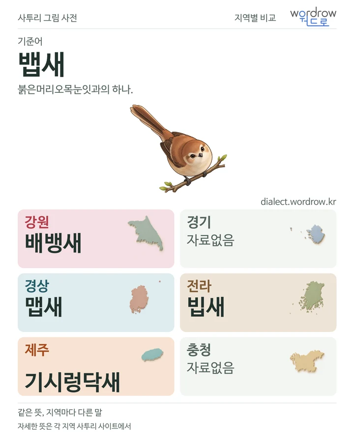 뱁새의 여섯 지역 사투리 비교