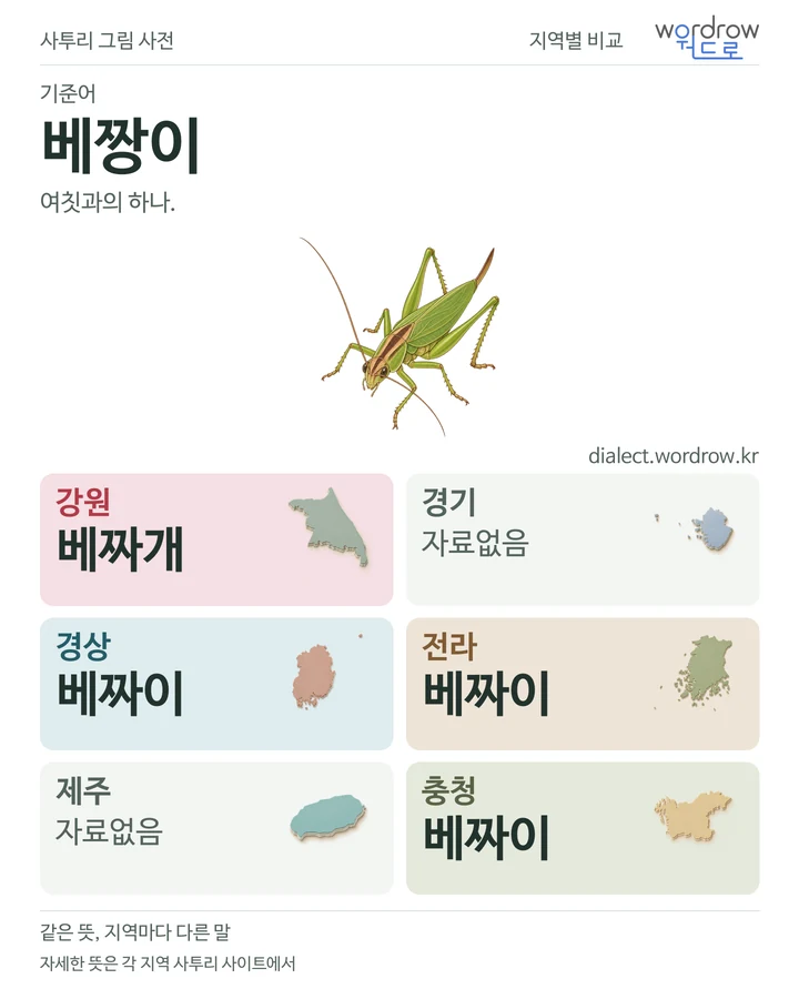 베짱이의 여섯 지역 사투리 비교
