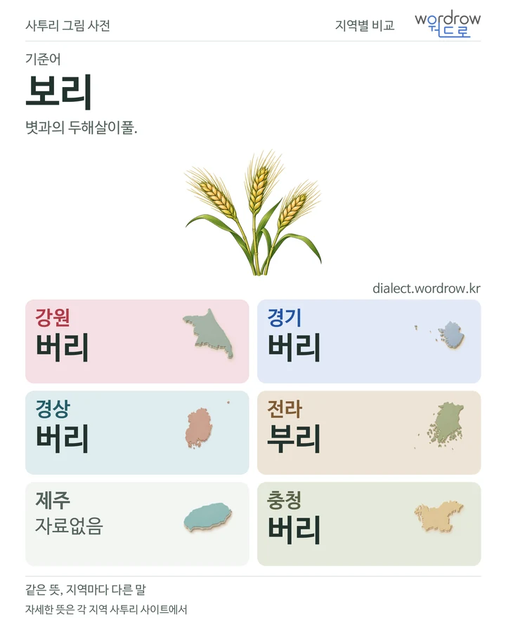 보리의 여섯 지역 사투리 비교