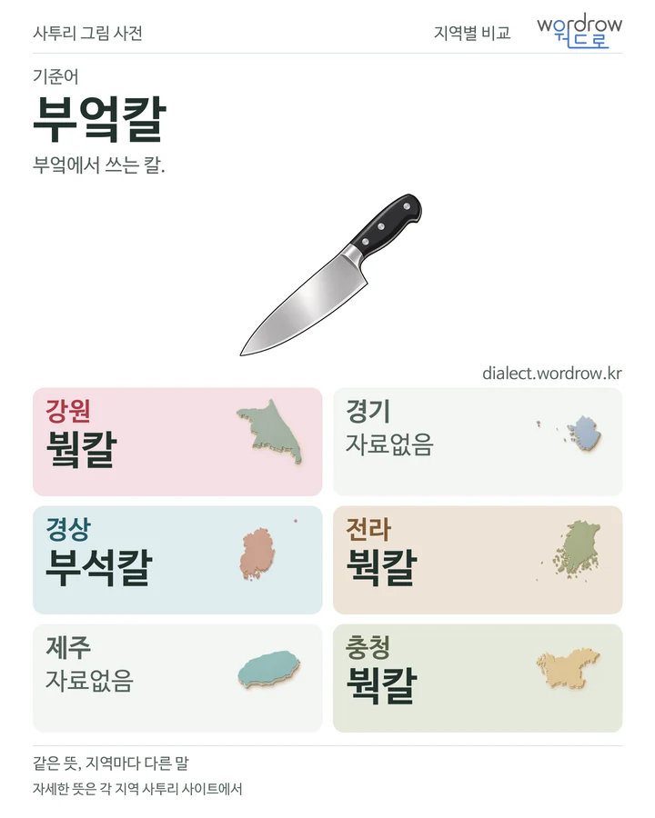 부엌칼의 여섯 지역 사투리 비교