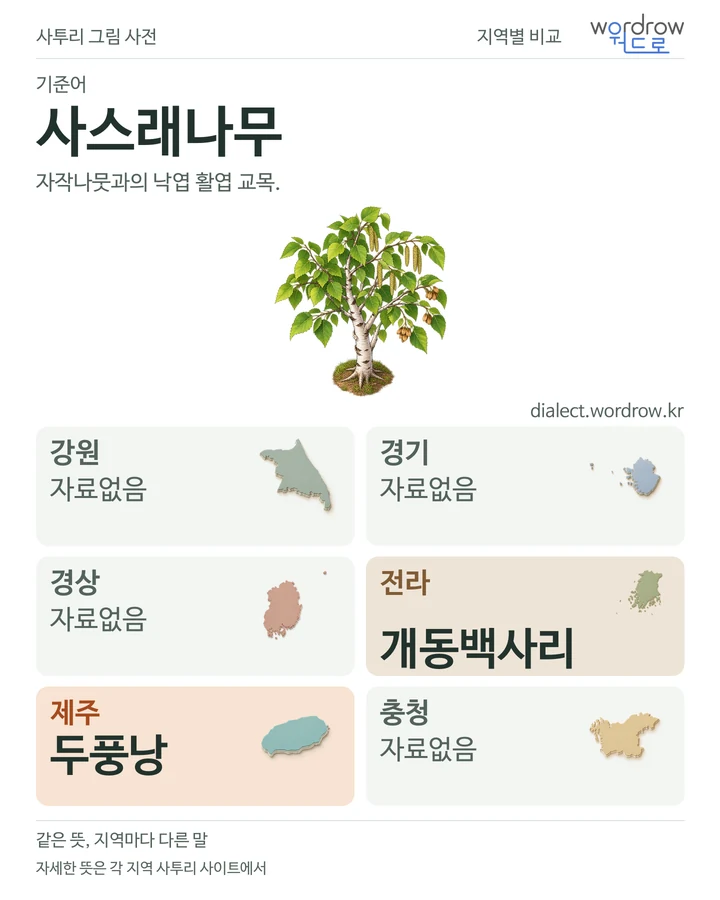 사스래나무의 여섯 지역 사투리 비교