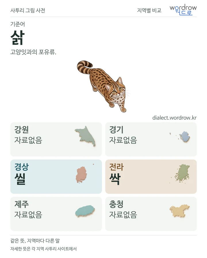 삵의 여섯 지역 사투리 비교
