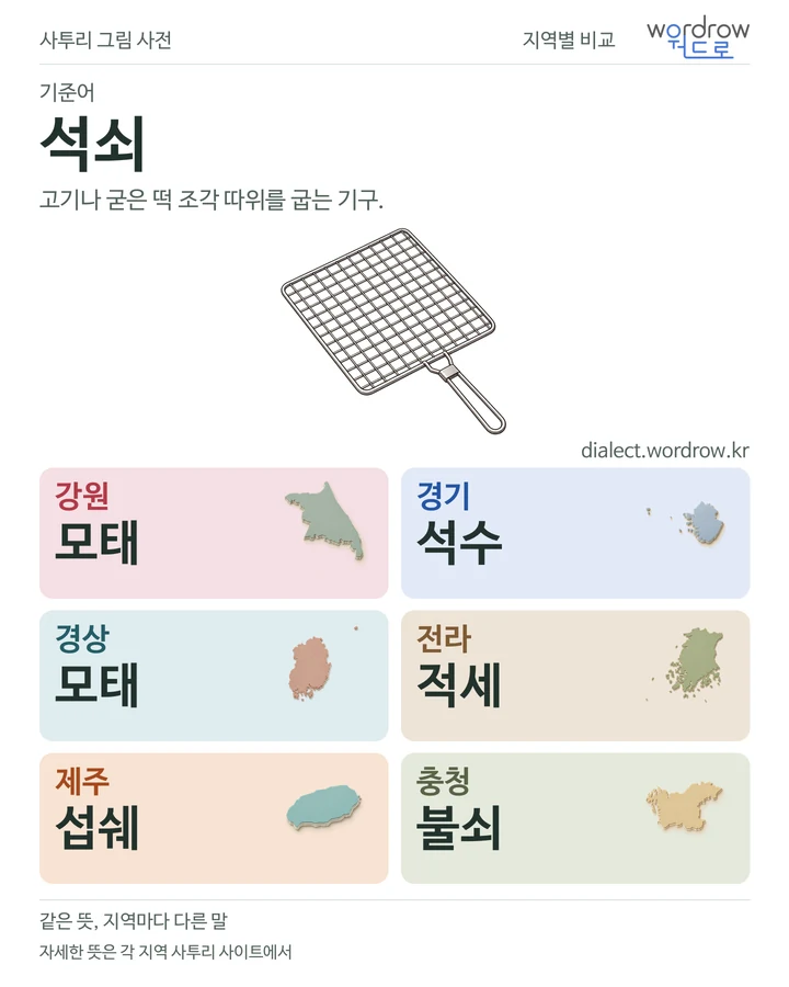 석쇠의 여섯 지역 사투리 비교
