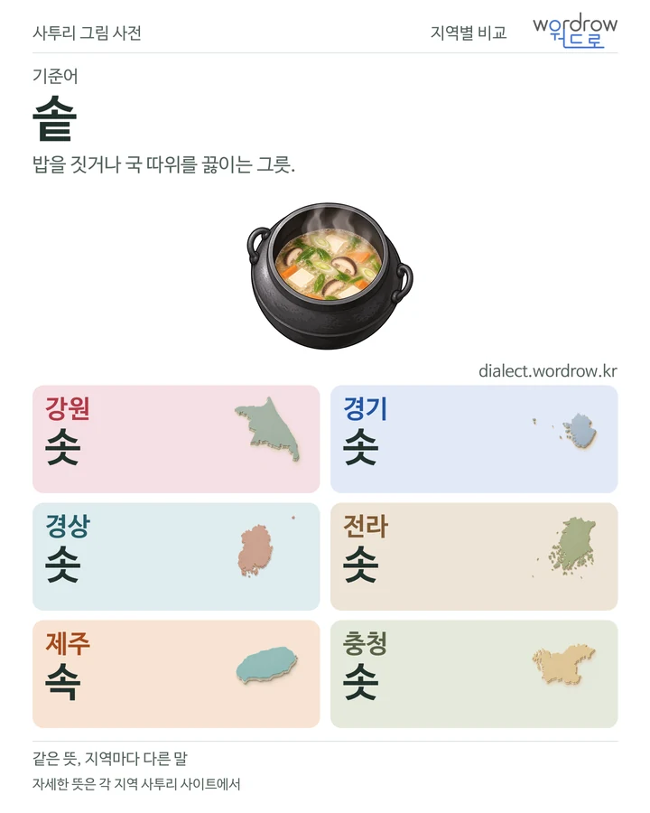 솥의 여섯 지역 사투리 비교