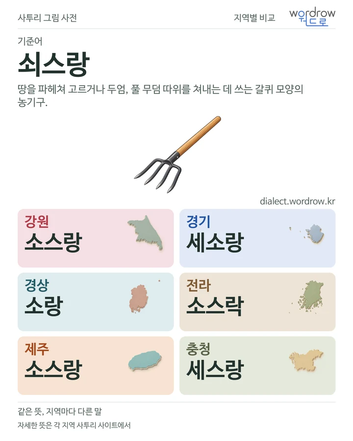 쇠스랑의 여섯 지역 사투리 비교