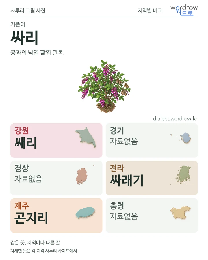 싸리의 여섯 지역 사투리 비교