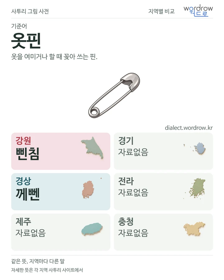 옷핀의 여섯 지역 사투리 비교
