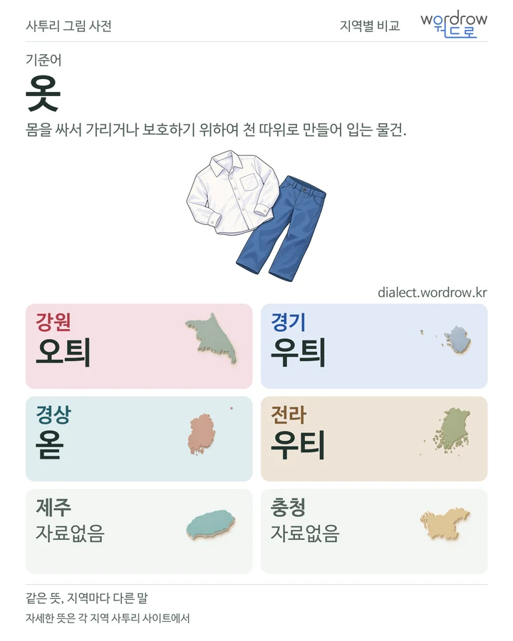 옷의 여섯 지역 사투리 비교