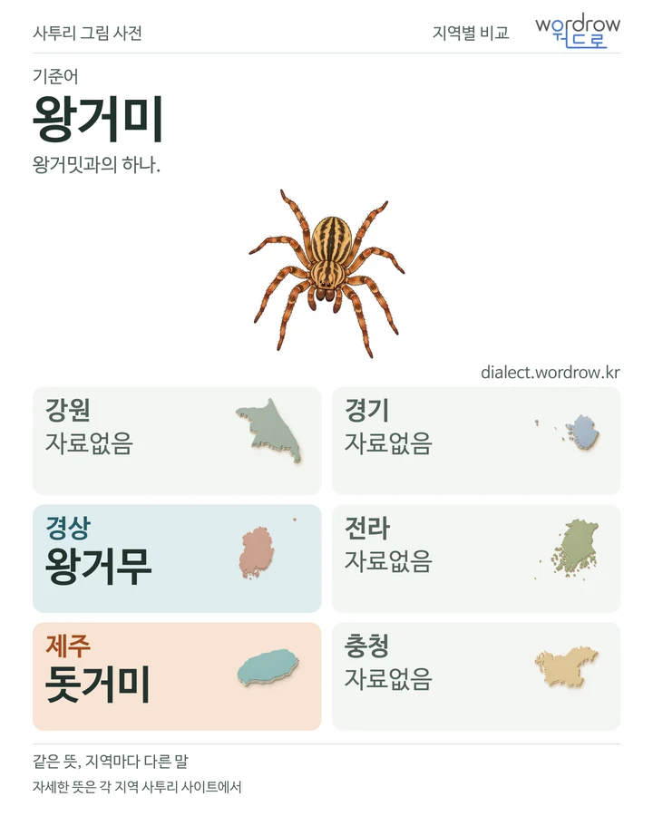 왕거미의 여섯 지역 사투리 비교