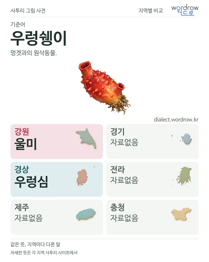 우렁쉥이의 여섯 지역 사투리 비교