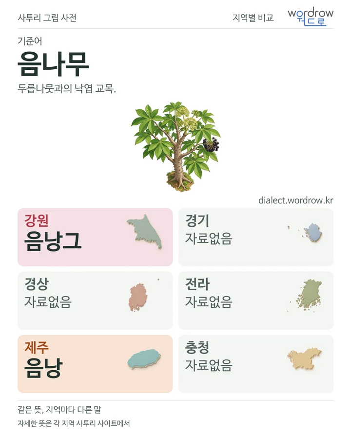 음나무의 여섯 지역 사투리 비교