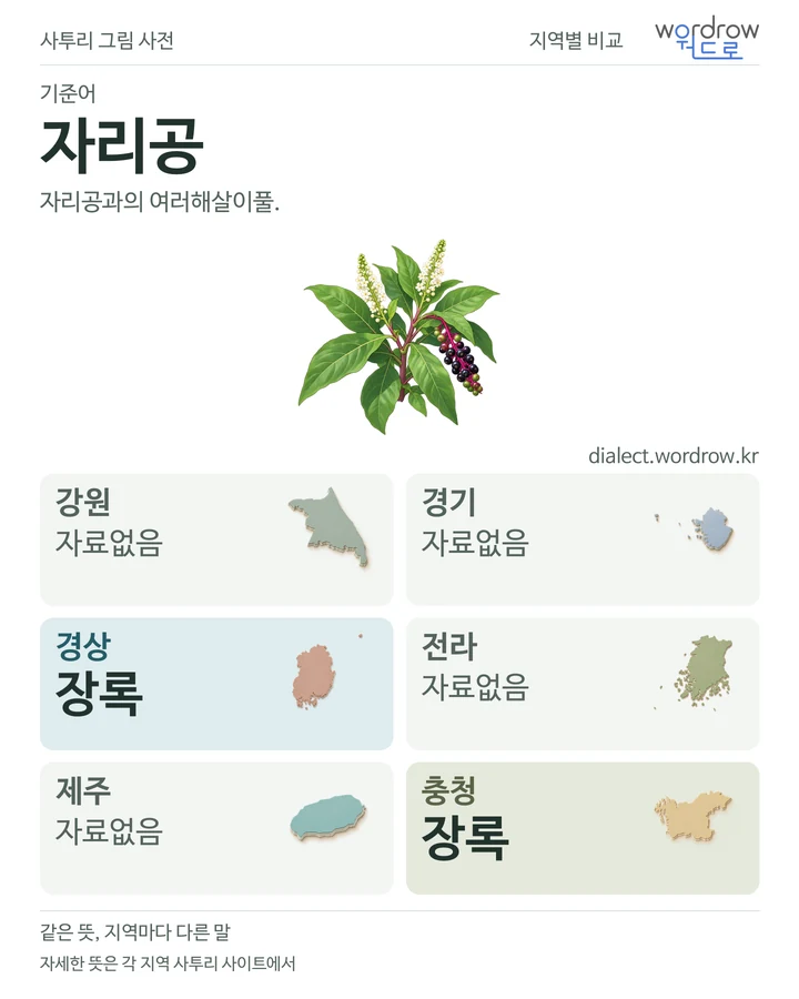 자리공의 여섯 지역 사투리 비교