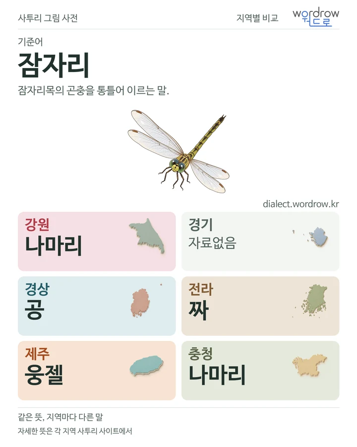 잠자리의 여섯 지역 사투리 비교
