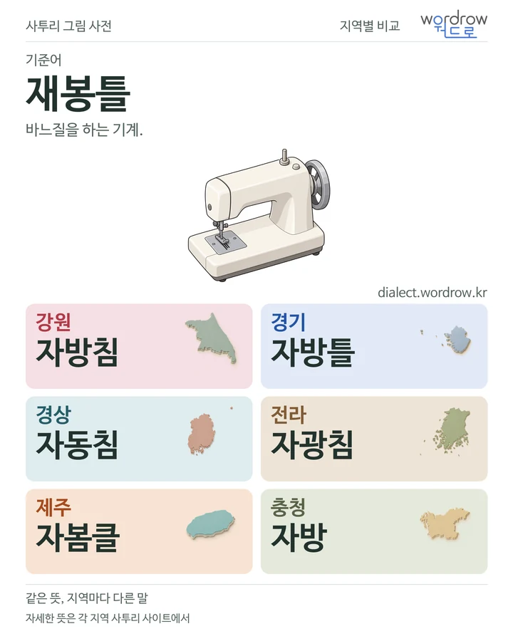 재봉틀의 여섯 지역 사투리 비교