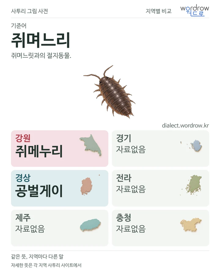쥐며느리의 여섯 지역 사투리 비교