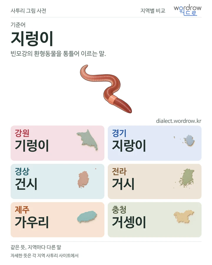 지렁이의 여섯 지역 사투리 비교