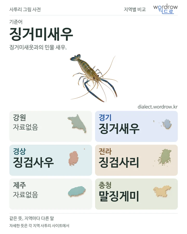 징거미새우의 여섯 지역 사투리 비교