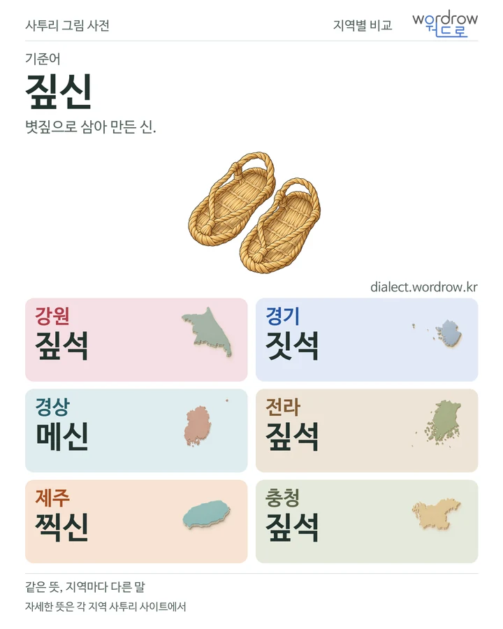 짚신의 여섯 지역 사투리 비교