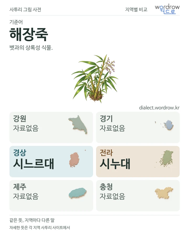 해장죽의 여섯 지역 사투리 비교